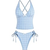 ZAFUL Women's Tankini Set V Neck Tummy Control Floral Printed Tie Side Thong Bikini Swimsuits 2 Piece Bathing Suits