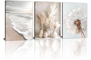 WENGTIAO 3Pcs Beach Coastal Wall Art for Living Room Set, Beige Botanical Dandelion Framed Canvas Artwork for Wall, Aesthetic Landscape Paintings Wall Prints Wall Decor for Bedroom Office 16x24 x3