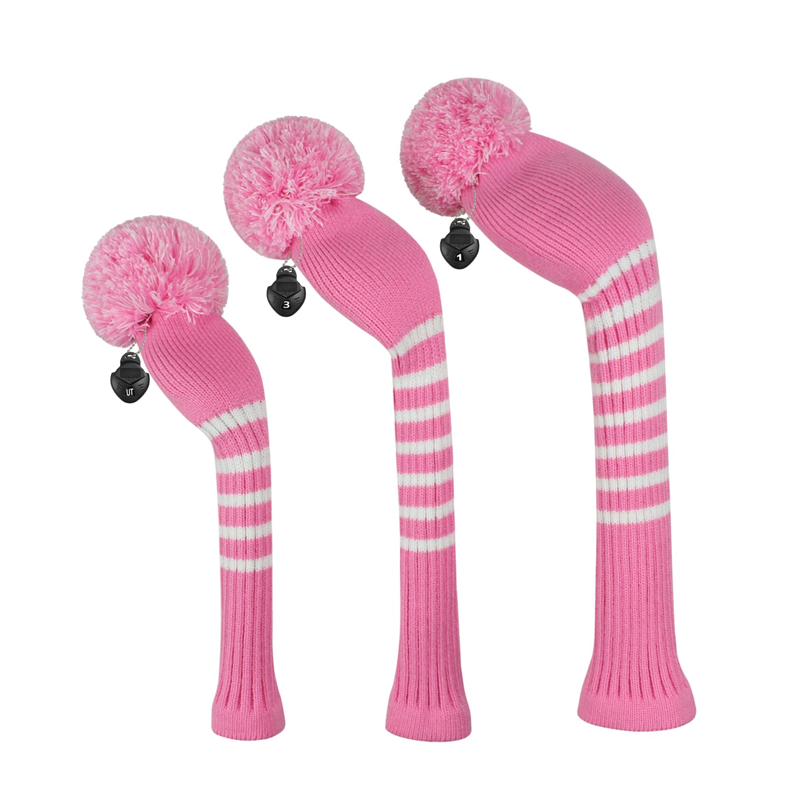 Scott Edward Knitted Golf Club Head Covers for Woods 3Pcs Set Golf Driver (460CC) Fairways and Hybrid/UT with Rotating Number Tags(Pink Stripes)