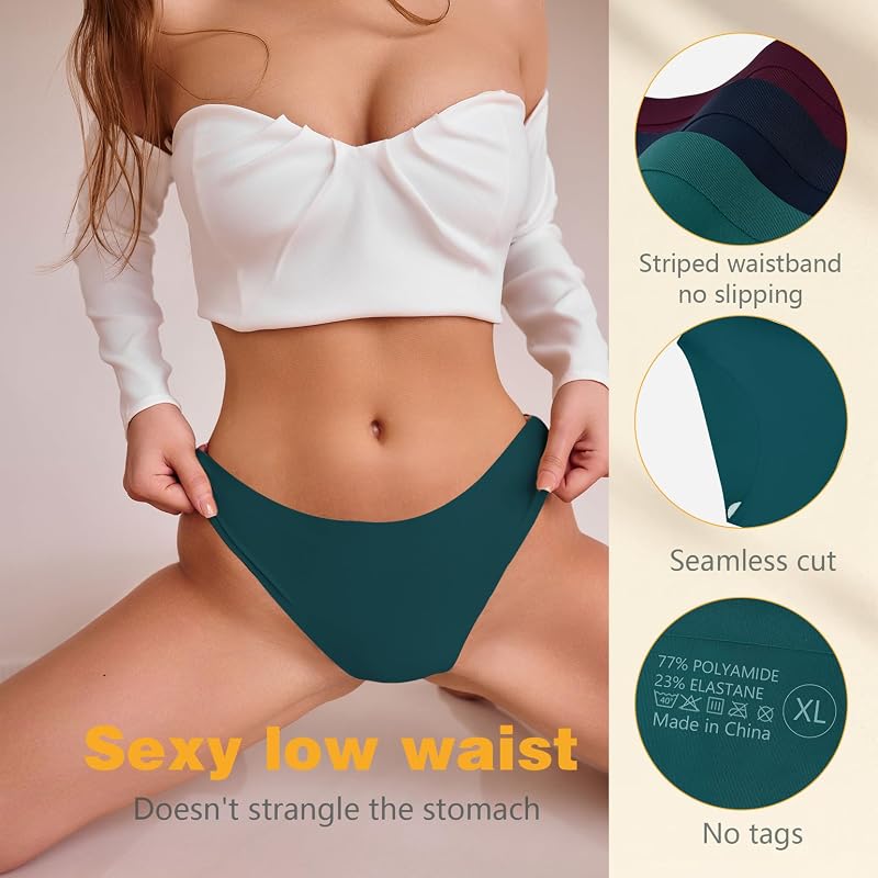 Lot de 5 culottes sans coutures pour femme, extensibles, confortables, sans couture, invisibles, taille basse, respirantes, hipster, bikini, multicolore, S — photo 5 sur 7