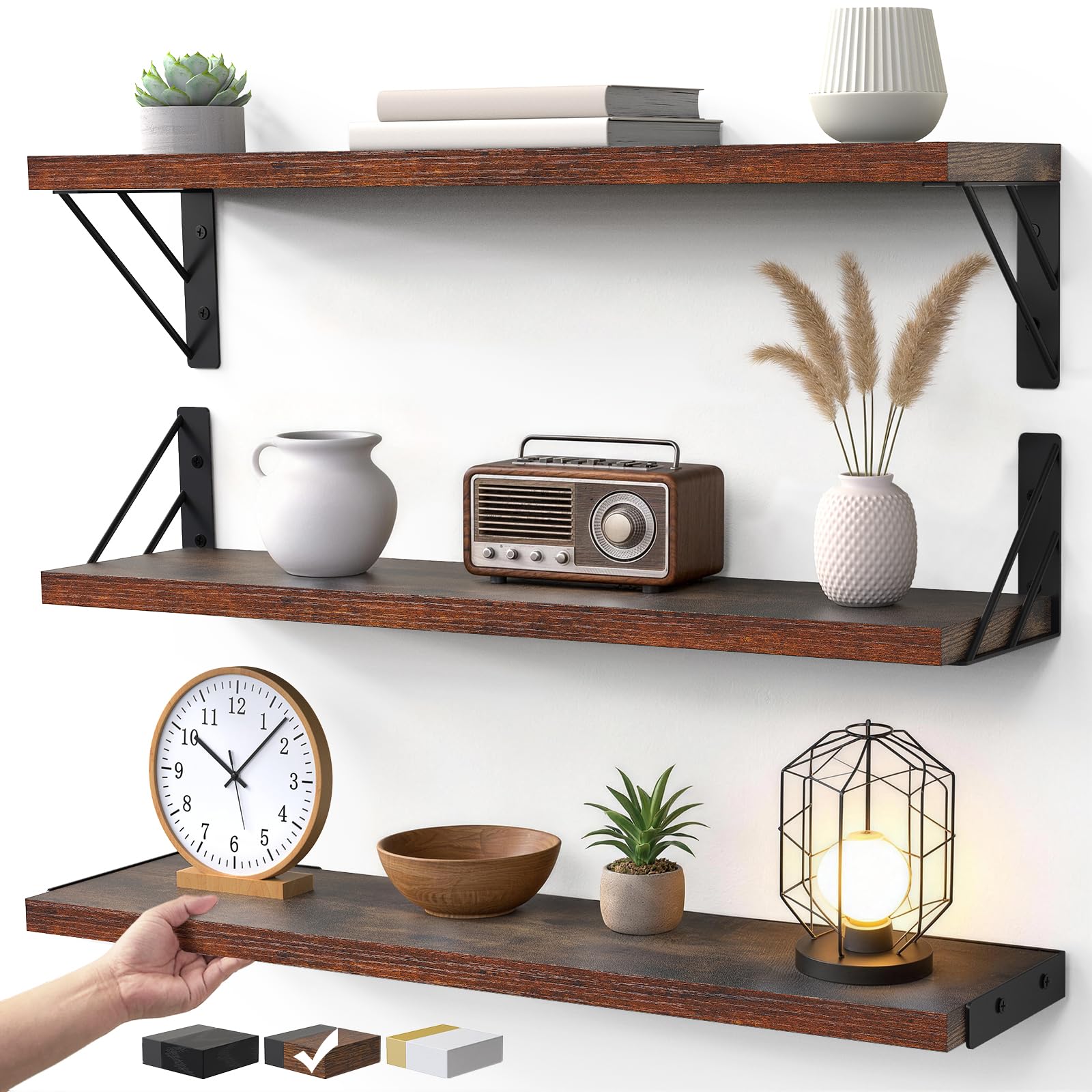 BAYKA Wall Shelves for Bedroom Decor, Floating Shelves for Wall, Display Mounted Rustic Wood Shelf for Books,Plants,Corner Shelves for Bathroom,Kitchen,Living Room(Rustic Brown,23in) Image