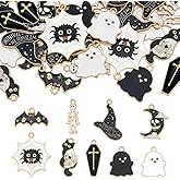 CRAFTYMELODY 36Pcs Halloween Theme Pendants Alloy Enamel Charms 9 Styles Ghost Bat Skeleton Cat Charm Accessories for Bracelet Necklace Jewelry Making Earring DIY Craft Supplies Women Gifts