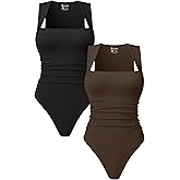 OQQ Women’s Square Neck Sleeveless Bodysuit Shapewear Tank Top Stretchy Slim Fit Bodycon Top for Going Out 2 Pack