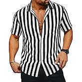 Runcati Mens Striped Button Down Shirts Casual Short Sleeve Linen Shirt Summer Beach Vacation Tops