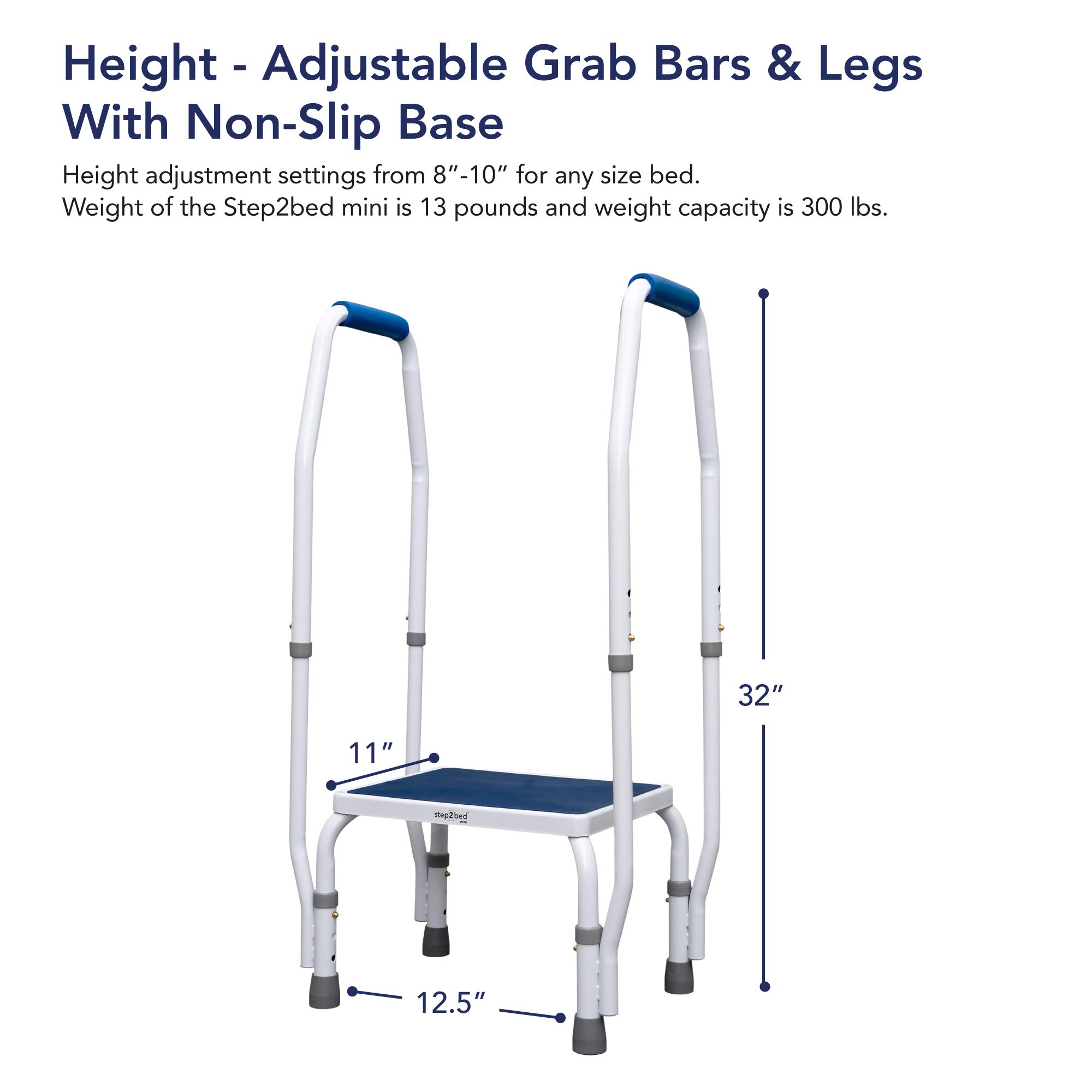 step2bed Mini Step Stool with Handle for Elderly - Adjustable Height Bed Safety Rail for Seniors with Handicap Grab Bars - Stainless Steel Portable Step Stool for Bed (300 LBS Capacity)