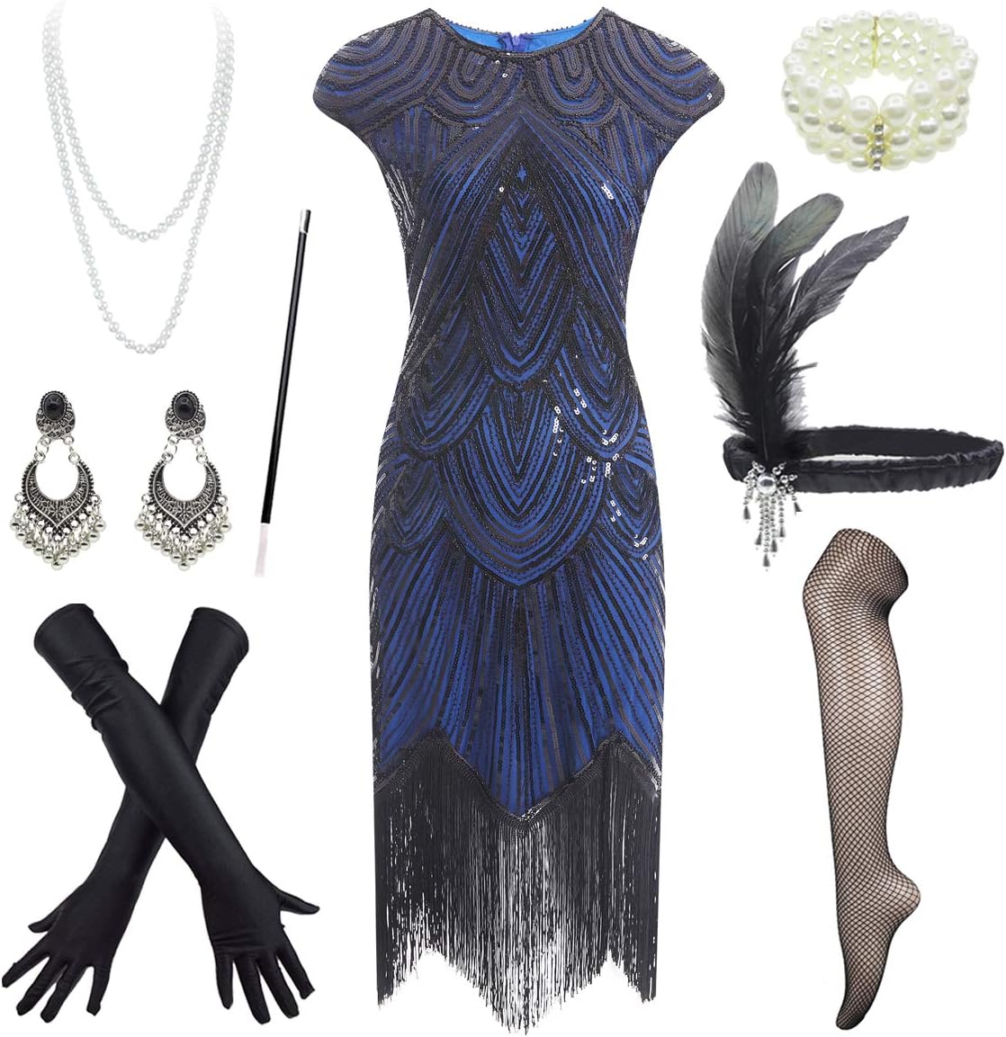 FUNDAISY1920s Flapper Dress Roaring 20s Great Gatsby Fringed Sequin Dress Accessories Set