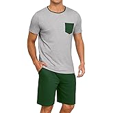 PrinStory Mens Summer Pajamas Set Lightweight Pjs Sets Short Sleeve Pajama Shorts Set Soft Sleepwear Loungewear with Pockets