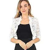 Allegra K Women's Elegant Lace Cardigan Ruffle Collar Crop 3/4 Sleeve Sheer Bolero Floral Lace Shrug Top