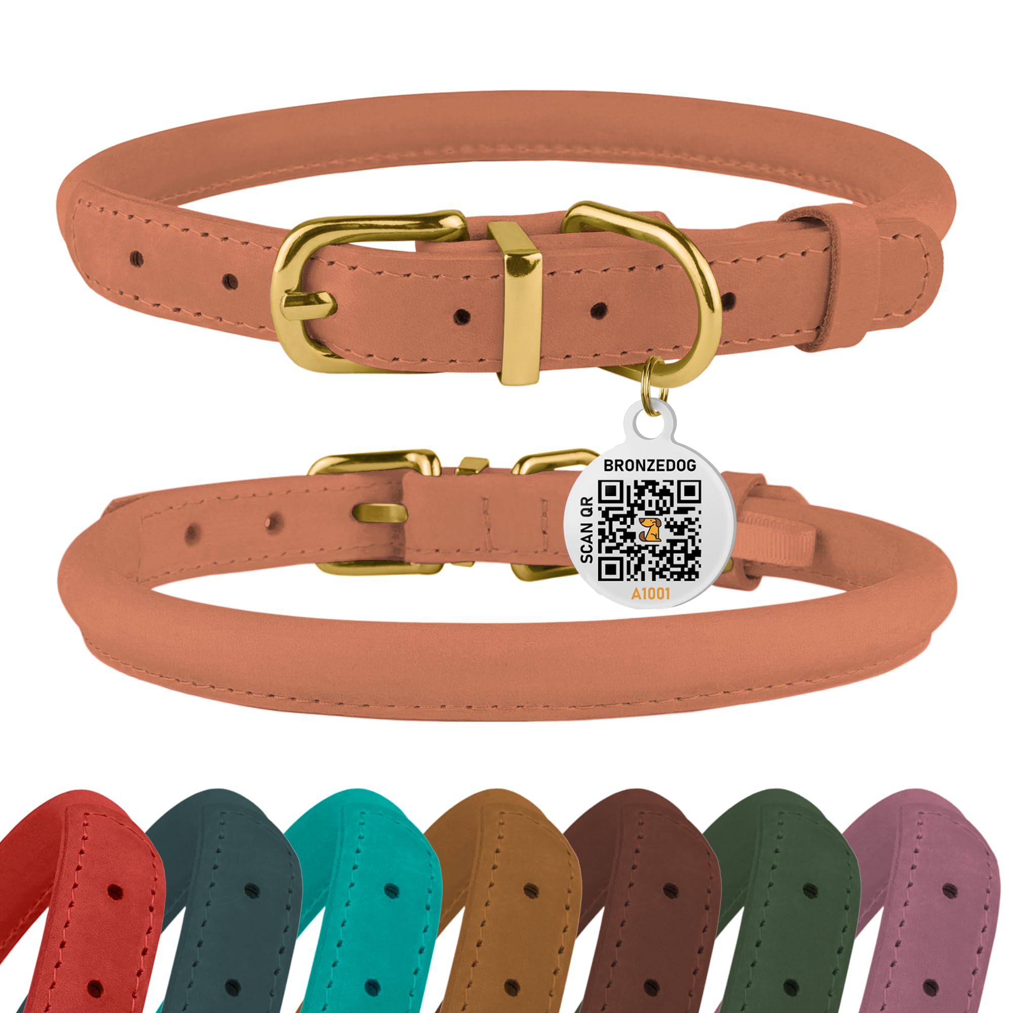 Photo 1 of BronzeDog Rolled Leather Dog Collar with QR ID Tag, Adjustable Soft Round Collars for Small Medium Large Dogs Puppy (19" - 21" Neck Size, Peach)
