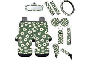 FUIBENG Green Flower Car Seat Cover Groovy Flower Automotive Interior Set for Women Abstract Hippie Floral Seat Cushion+Steering Wheel Cover+Keychain+Rearview Mirror Accessory+Shift Handbreak Covers