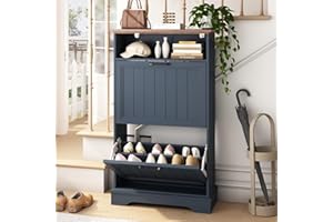 WINWY Shoe Storage Cabinet with 2 Flip Drawers, 24" W Farmhouse Modern Hidden Shoes Rack with Adjustable Shelves & Open Storage, Narrow Slim Shoe Organizer for Front Door Entrance, Entryway, Navy Blue