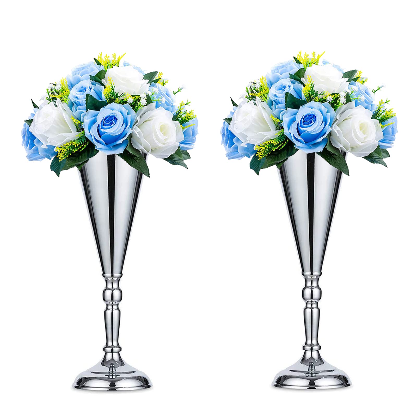 Sziqiqi Silver Vase Tall Metal: Wedding Centrepieces for Reception Tables Set of 2 - Flower Vases Stand - Base Decortion for Party Events Birthday Celebration Ceremonies