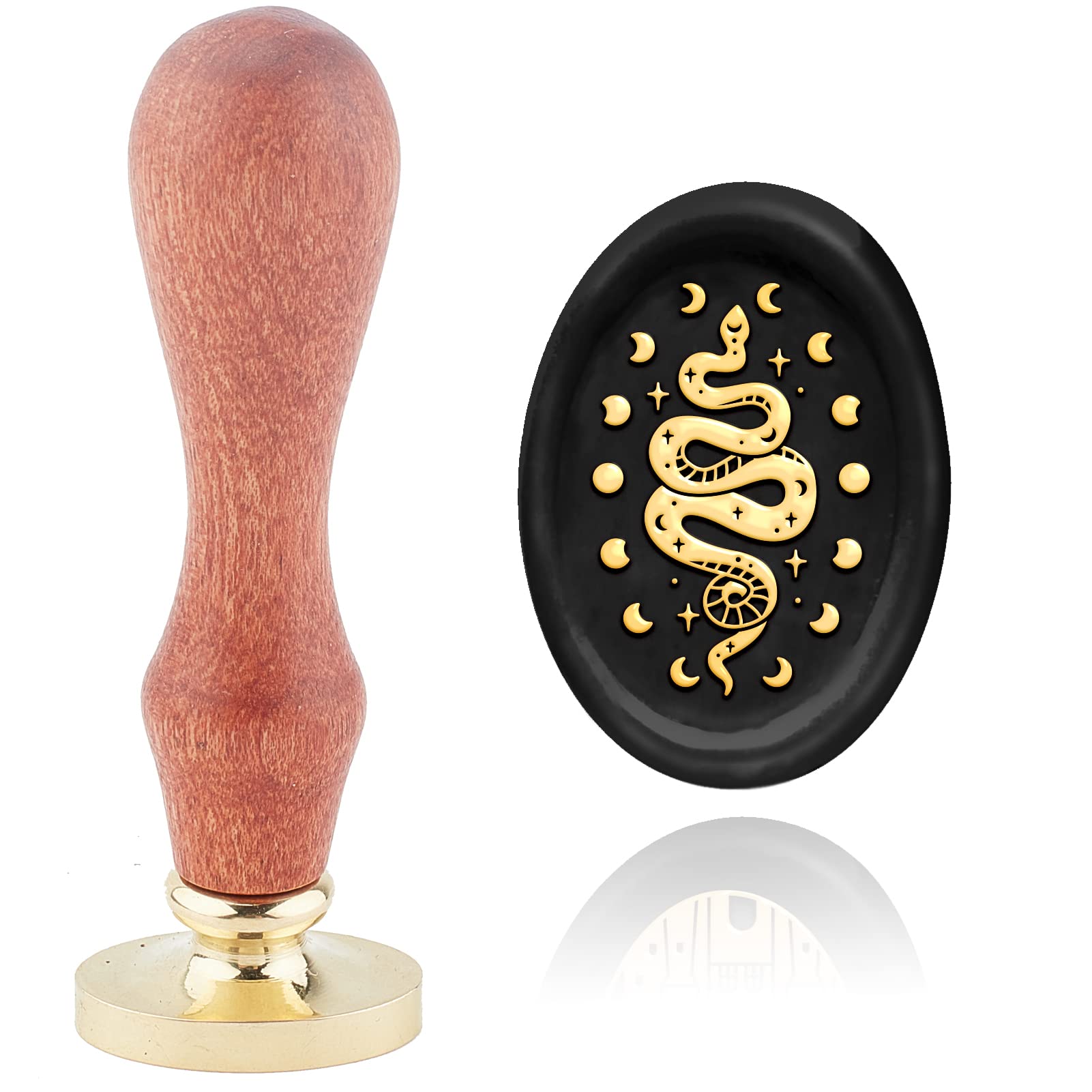CRASPIRE Wax Seal Stamp Snake Sealing Wax Stamps Moon Phase Oval 20×30mm Removable Brass Head Sealing Stamp with Wooden Handle for Cards Invitations Gift Wrap