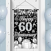 60th Anniversary Decorations Small Banner Black Silver Happy 60th Anniversary Door Hanging Banner Porch Front Door Decor for Women Men 60 Years Diamond Wedding Anniversaries Cruise Door Sign Supplies