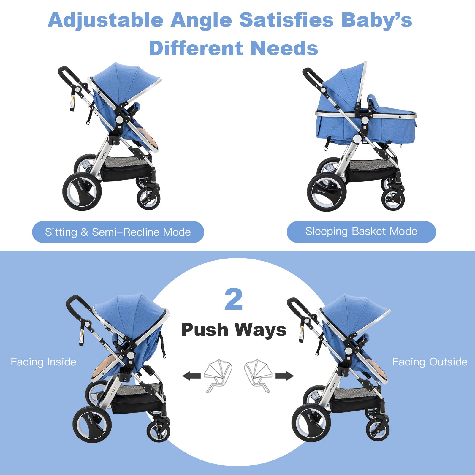 BABY JOY Baby Stroller, 2-in-1 Convertible Bassinet Reclining Stroller, Foldable Pram Carriage with 5-Point Harness, Including Cup Holder, Foot Cover, Diaper Bag, Aluminum Structure, Blue
