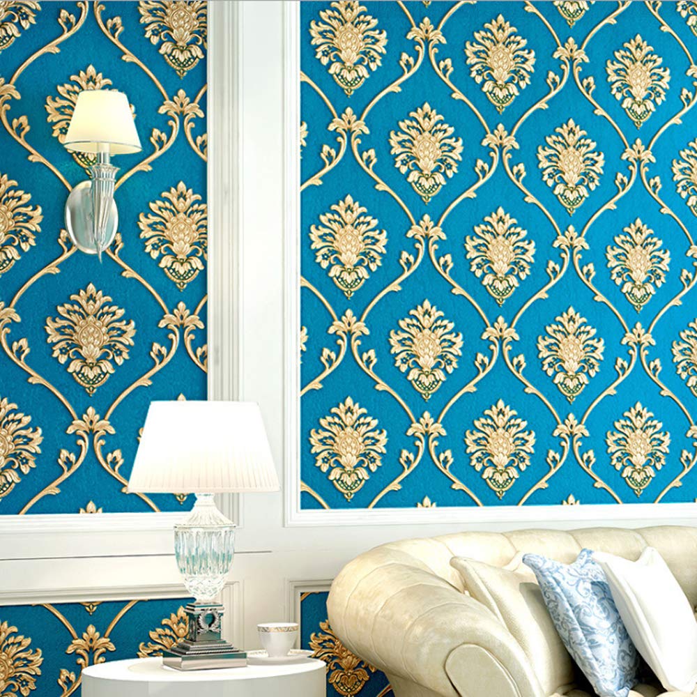 Retro Simplicity 3D Fine Embossed PVC Wallpaper European Damasks Bedroom Living Room TV Background Wall Shop Decoration Clothing Store Studio Coffee Shop Hotel 1.73'W x 32.8'L Non-Pasted (Cyan)