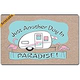 Artsbaba Doormat Happy Camper Flamingo Just Another Day in Paradise Door Mat Monogram Non-Slip Rubber Doormat Non-Woven Fabric Floor Mat Indoor Entrance Rug Decor Mat 23.6 x 15.7 Inches