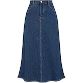 Belle Poque Vintage Denim Skirts for Women Elastic High Waist Frayed Raw Hem A-Line Maxi Long Jean Skirts with Pockets