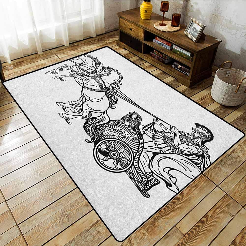 Classroom Rug,Toga Party,Roman Warrior in a Chariot Pulled by Two Horses Historic Carriage Monochrome,Anti-Slip Doormat Footpad Machine Washable,3'3"x5'3" Black White