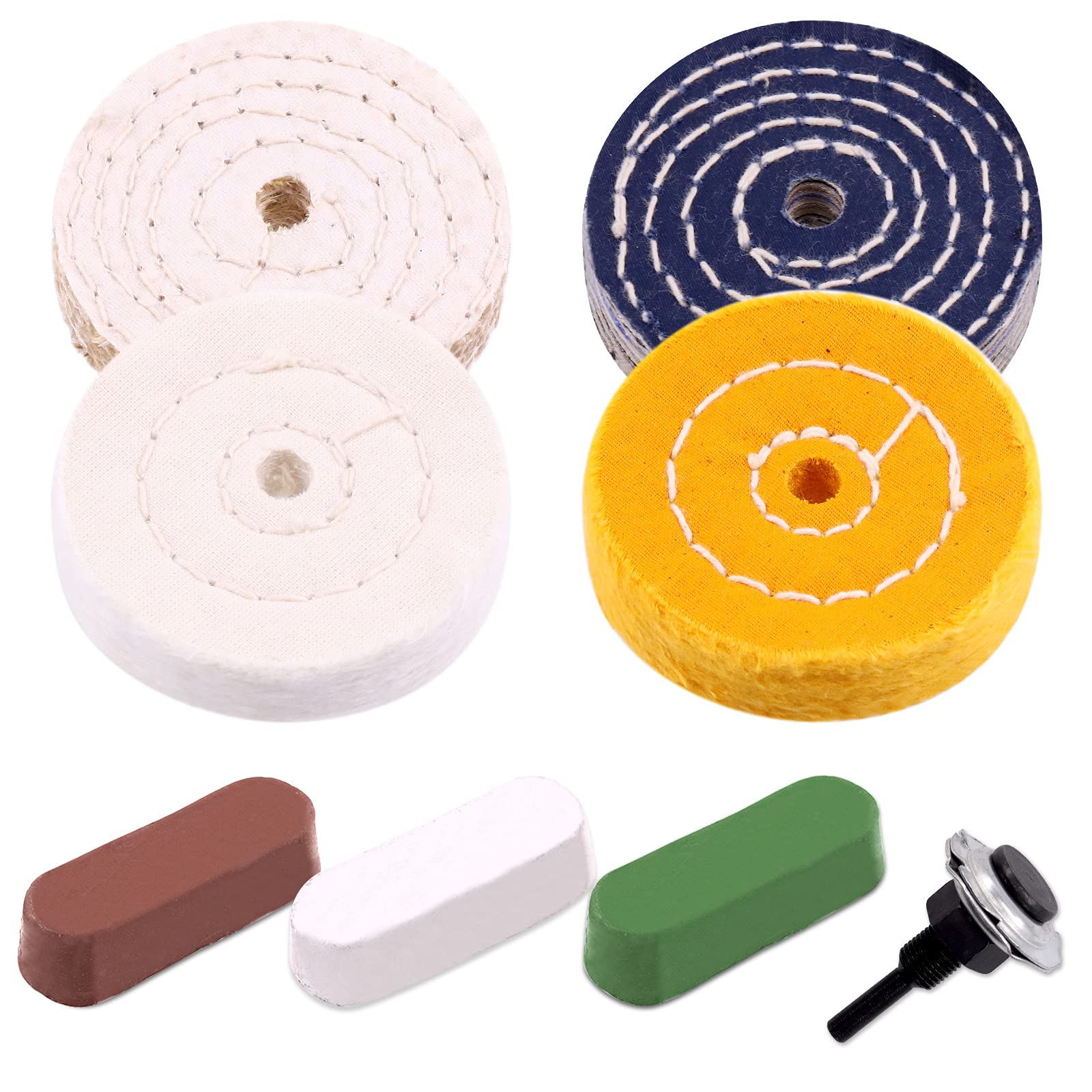 Wokape 8Pcs 4" Buffing Polishing Wheels with 3 Colors Polishing Compounds Kit,1Pcs Denim,1Pcs Flannel(30 Ply),Yellow Cotton(36 Ply),White Cotton(50 Ply)Polishing Pad with 1/4" Shank for Bench Grindes
