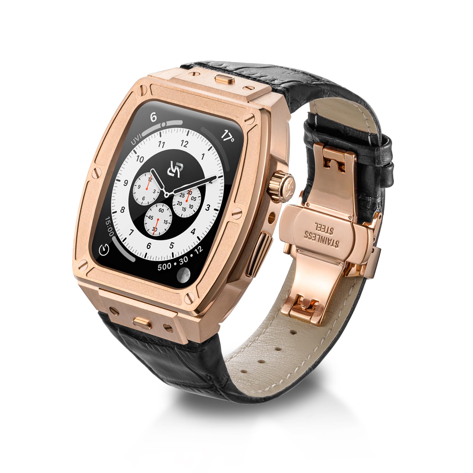 RYUEUYA Luxury Design Stainless Steel Case and Leather Strap for Apple Watch Series 9 8 7 6 SE 44/45mm - Tactical Functions and Quick Change Strap for iWatch, 44/45MM, Polyester Stainless Steel