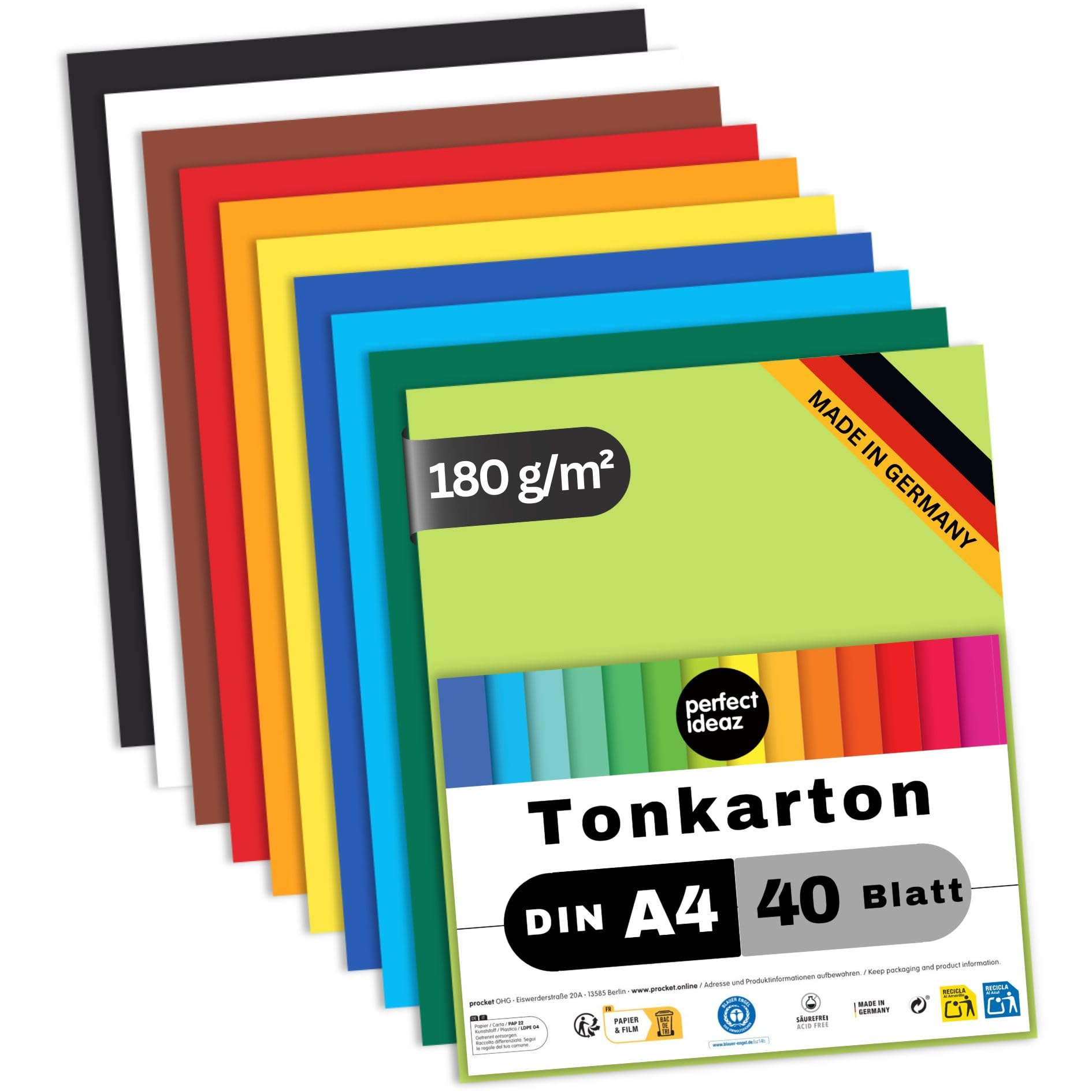 perfect ideaz 40 Sheets Coloured Art Paper, Construction Paper in A4 Size (8.27 x 11.69 in), in 10 Different Solid-Colours, 180 GSM Quality Sheets - Made in Germany