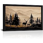 WELMECO Deer Wall Art Cabin Decor Rustic Farmhouse Living Room Decor Forest Deer Painting Framed Art Print Hunting Decor Cabin Lodge Bedroom Bathroom Decoration 16inchx24inch