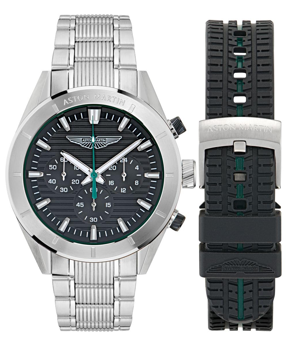 Aston Martin Herren Armbanduhr AML ICON Chronograph Silber mit Edelstahl- und Silikonarmband, Quarzuhrwerk, Mineral Glas, 10 bar, Gehäusedurchmesser: 45 mm, 10 bar, MTIB1F501