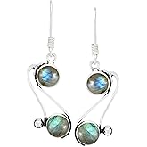 Natural & Simulated Gemstone 925 Silver Plated Dangle Earrings for Women – Round Shape Two Stone Birthstone Drop Earrings – Handmade Lightweight Fashion Jewelry – Gift for Wedding Christmas Birthday