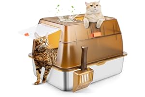 Bartuke Stainless Steel Cat Litter Box with Lid, XXL Extra Large Enclosed Litter Box for Big Cats High Sided Metal with Removable Lid & Scoop, Front &Top Entry Odor Free, Anti-Leakage, Easy Cleaning