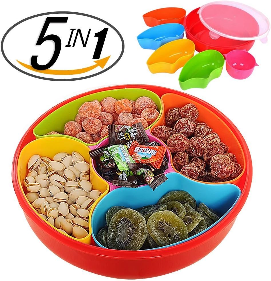 PNBB Colorful 5 Section Round Compartment Plastic Snack Tray with Lid - Easy to Store Your Food,Snack,Nuts,Candies,Dried Fruits