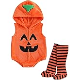 Newborn Baby Halloween Costume Boy Girl Pumpkin Face Sleeveless Hooded Romper Jumpsuit with Leg Warmers
