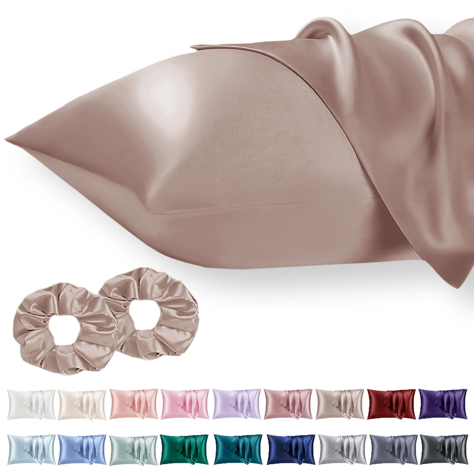 Vielit 2 Pack Satin Pillowcase for Hair and Skin Cooling,Soft as Silk Pillowcase for Hair and Skin,Easier Care than Silk Pillow Case Braun 50x75cm Gifts for Women Envelope & 2 Scrunchies