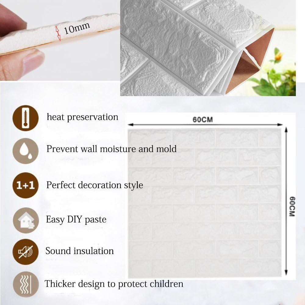 Ray-Velocity 3D Brick Pattern Wall Stickers PE Foam DIY Self Adhesive Decorative Wallpaper for Bedroom Bathroom Living Room Home Office 60 * 60 cm (23.6"x23.6") - Image 5