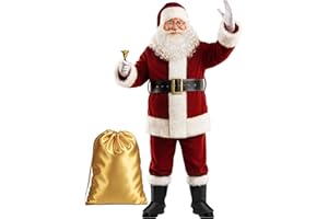 Boveco Christmas Santa Claus Costume for Men Adult 11 Pcs Deluxe Velvet Suit Outfit Xmas Santa Holiday Party Cosplay