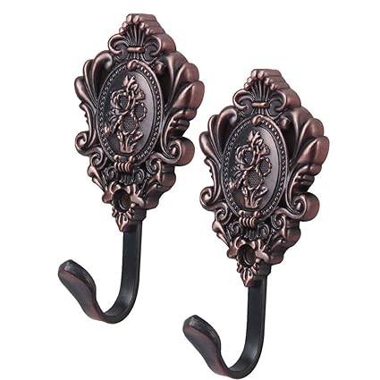 Tinksky Zinc Alloy Rose Pattern Curtain Hooks Vintage Drapery Holdbacks (Red Copper, 9.5x5cm) - One Pair