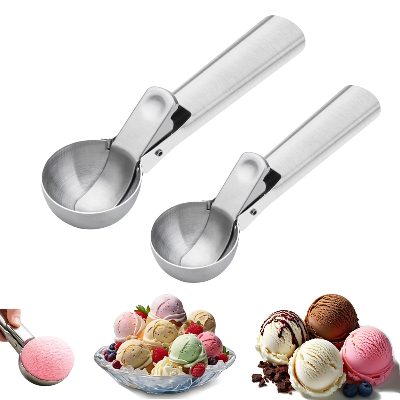 Cimown 2pcs Ice Cream Scoop, Ice Cream Scoops with Trigger Release,Stainless Steel Ice Cream Scoop,for scooping ice Cream, Cake Dough, purees