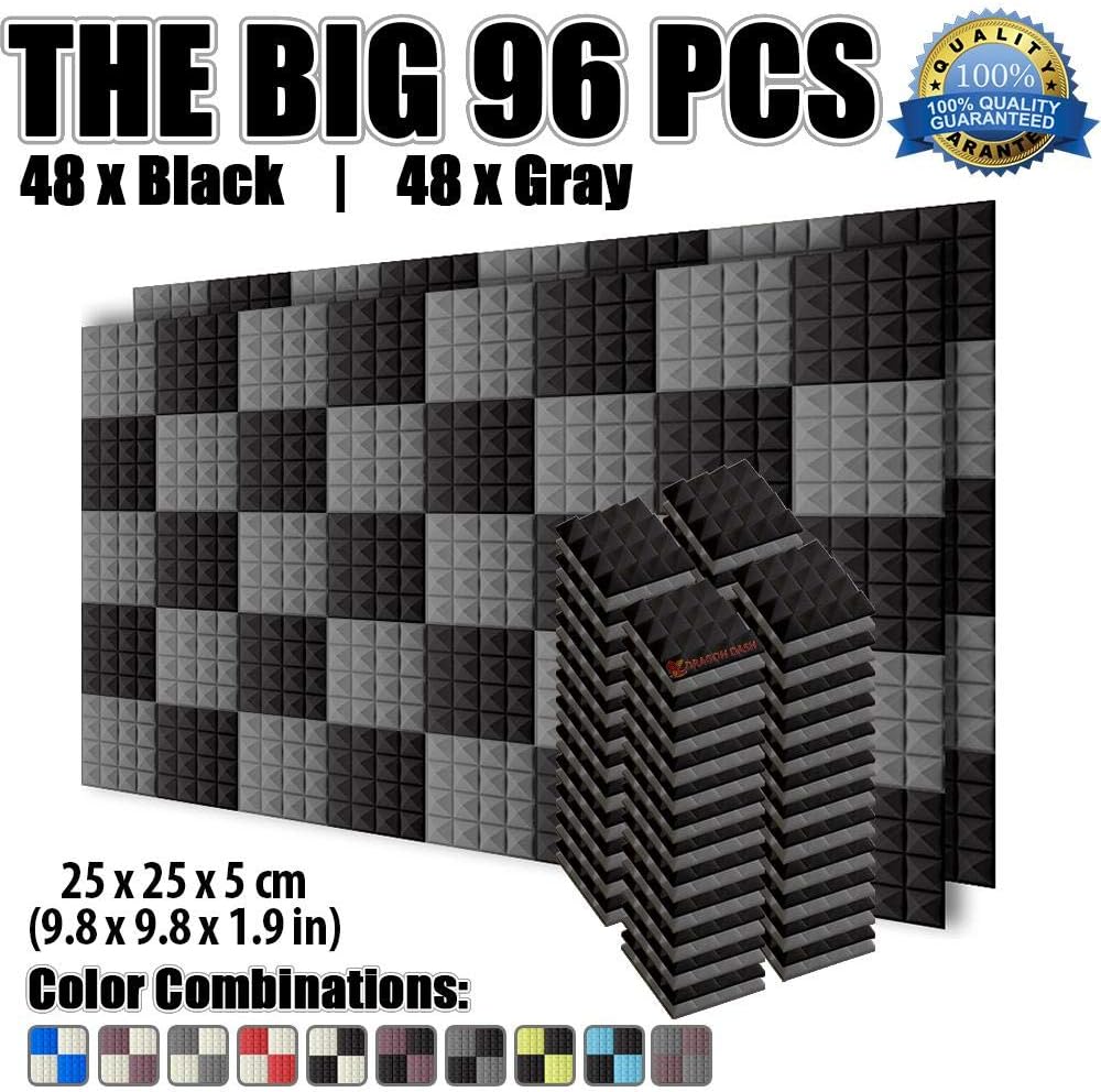 Dragon Dash 96 Pack of 9.8" x 9.8" x 1.9" Inches Black and Gray Acoustic Soundproofing Pyramid Foam Studio Treatment Wall Panel Tiles DD1034 (BLACK & GRAY)