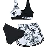Weixinbuy Girl's 3 Piece Swimsuit Teen Swimwear Tropical Print Twist Cross Bikini Bathing Suit with Cover Up Shorts Size 9-16