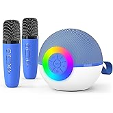 goopow Mini Karaoke Machine Speaker for Kids Adults, Portable Bluetooth Microphone Song Toys with LED Light, Best Chritmas Birthday Festival Gift for 3 4 5 6 7 8+ Year Old Girls Boys (Blue-2MIC)