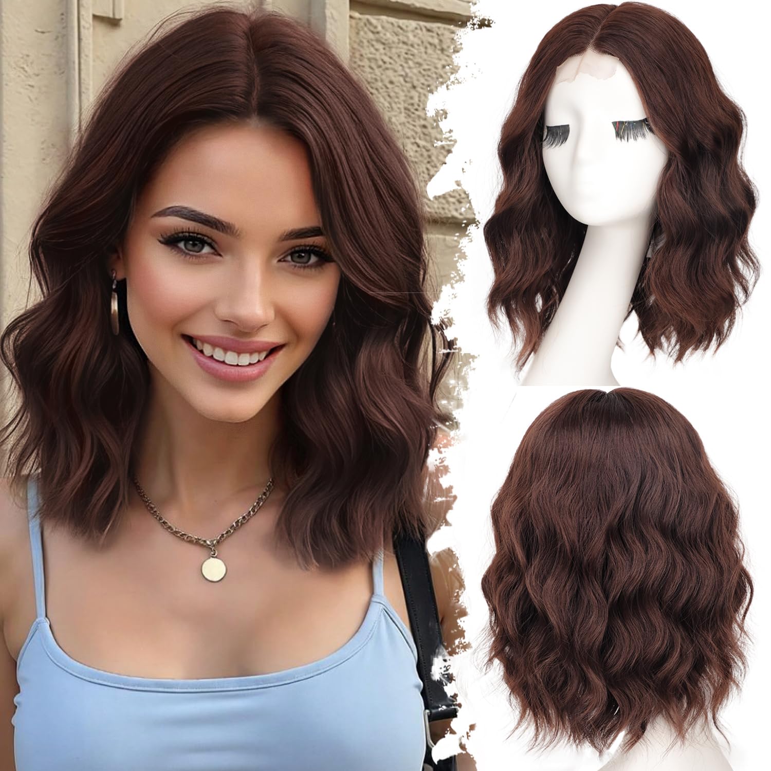 Photo 1 of Eawwii Chocolate Brown Short Wavy Wig for Women Lace Hairline Bob Style Synthetic Heat Resistant - Natural Appearance for Everyday Hairstyle 14 Inch