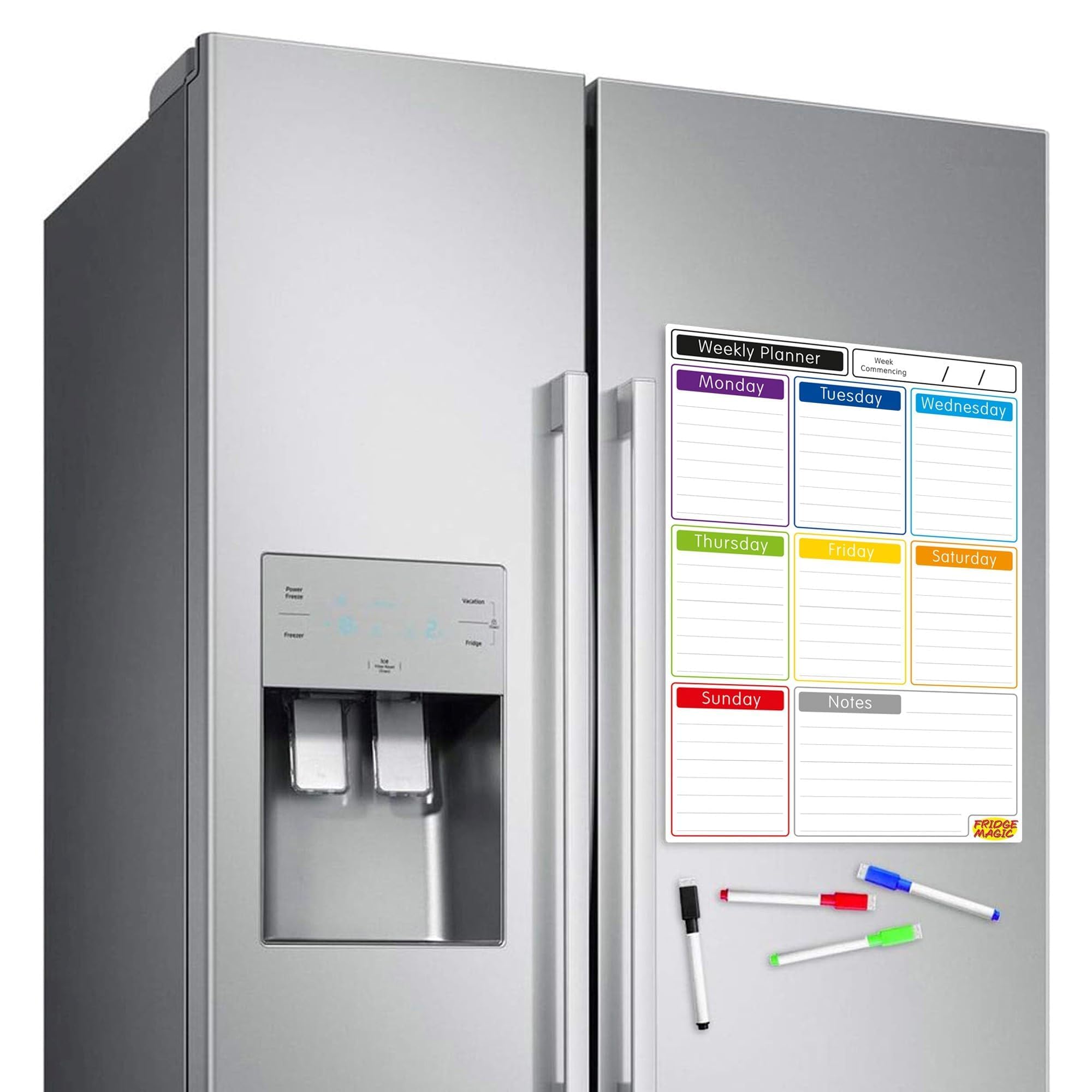 Magnetic Whiteboard for Fridge: Multi-Functional Portrait Weekly Planner, Meal Planner, and Calendar, 42x30cm with Colourful Erasable Pens