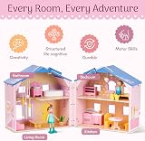 Giant bean Pink Wooden Dolls House with Dolls & Furniture, Foldable Portable view 5