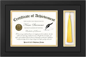 Picrit 11x17 Wood Diploma Frame with Tassel Holder for 8.5x11 Certificate/Degree Document with Tempered Glass, Black over Gold Mat