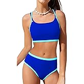 NECIOUS Girls Swimsuit 2 Piece Bikini Sets Cute Color Contrast Trim Bathing Suit with Chest Pad Girls' Swimwear 9-16Y