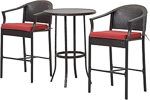 PORWEY 3 Piece Patio Outdoor Bar Set, Rattan Wicker Bar Height Table and Chairs Set, High Top Bistro Set with Pub Table and 2 Stools, Outdoor Furniture Set for Backyard Poolside Porch, Red Cushion