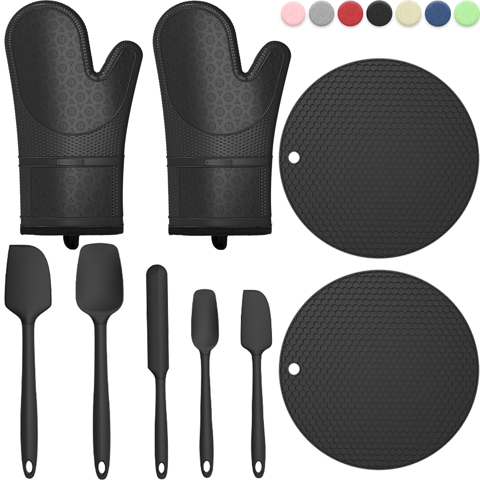 Photo 1 of Oven Mitts with Heat-Resistant Hot Pads and Five Silicone Spatulas Designed for Kitchen Baking Cooking, Oven Glove Soft Cotton Lining, Waterproof, BPA-Free (New-Black, 12.6)