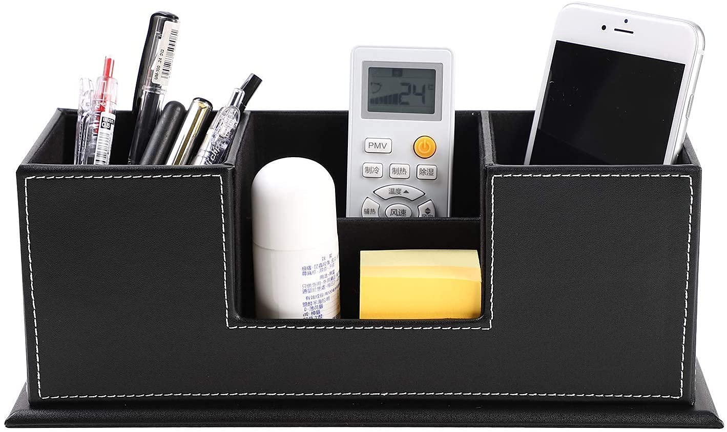 ITODA Faux Leather Desk Organiser Double Pen Pencil Pot Holder Desktop Stationery Storage Box Collection Desk Tidy Organizer Makeup Brush Remote Control Holder for Office School Home