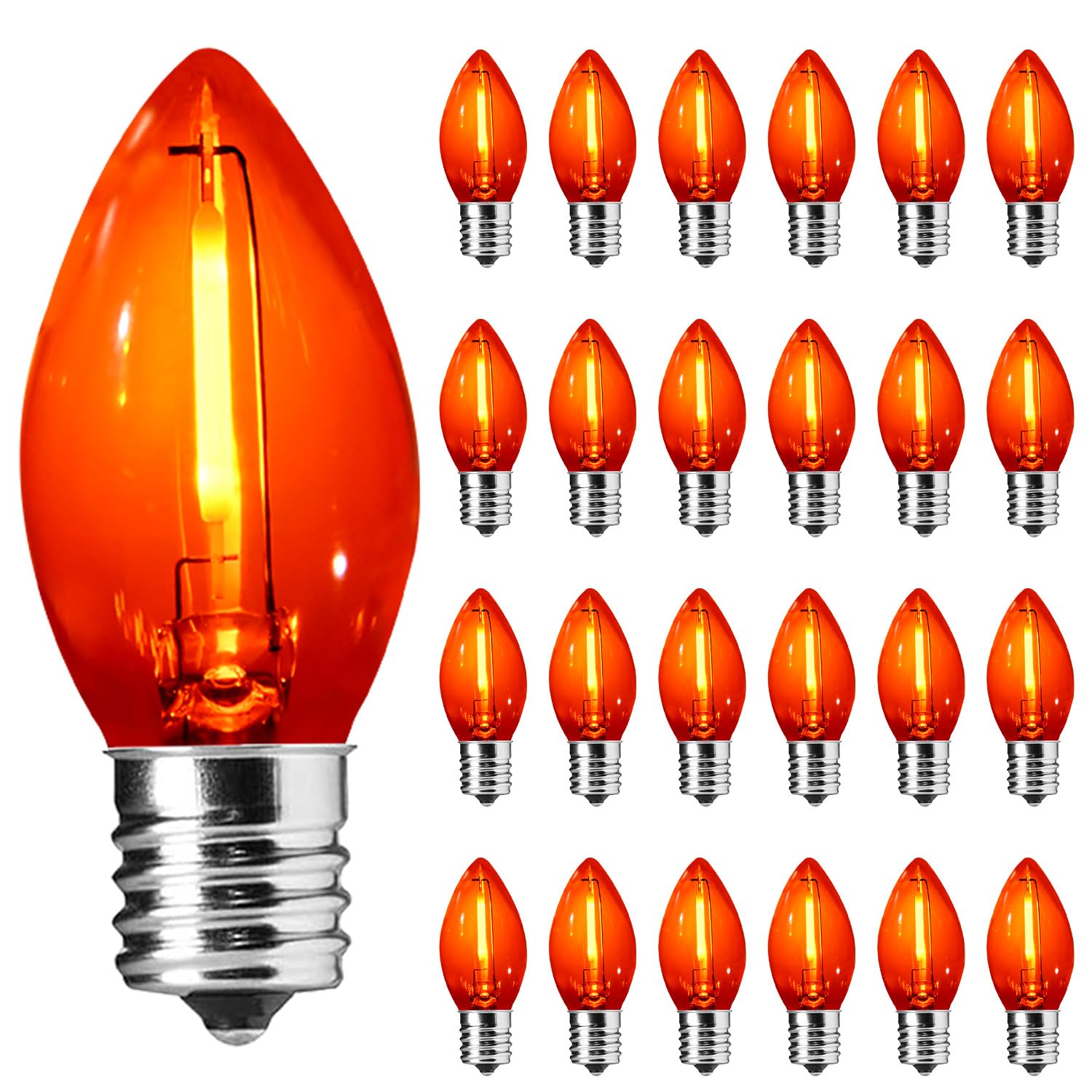 Photo 1 of 25 Pack C7 LED Clear Orange Replacement Bulbs for String Lights Outdoor, E12 Screw Base, 0.6W Night Light Plastic Bulbs for Halloween Fall Decor Indoor Outdoor Roofline Garden Yard Party Decorations