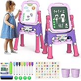 YOHOOLYO Kids Easel Standing Art Easel for Kids, Double Sided Children Pink Purple Easel Magnetic Chalkboard Whiteboard Dry Eraser Board Great Gift for Girls